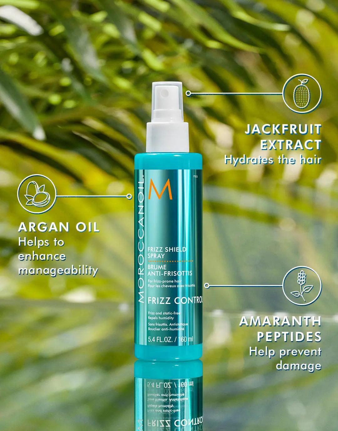 Frizz Shield Spray with argan oil, jackfruit extract, and amaranth peptides for humidity control and shine.