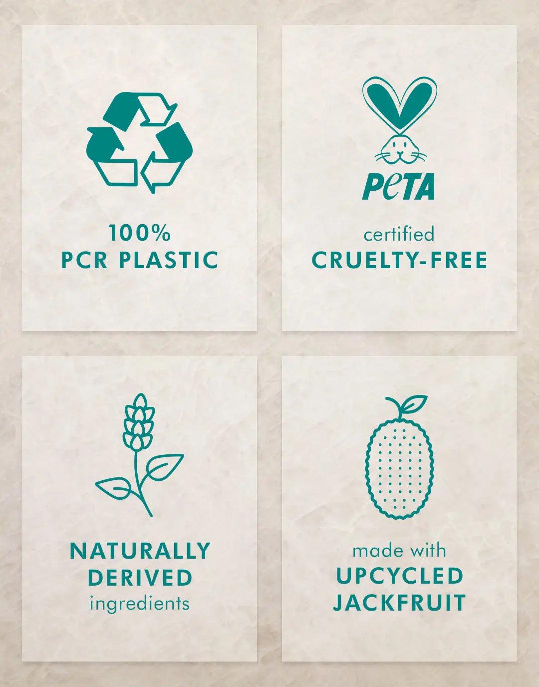 Eco-friendly product labels showcasing 100% PCR plastic, cruelty-free certification, natural ingredients, and upcycled jackfruit.