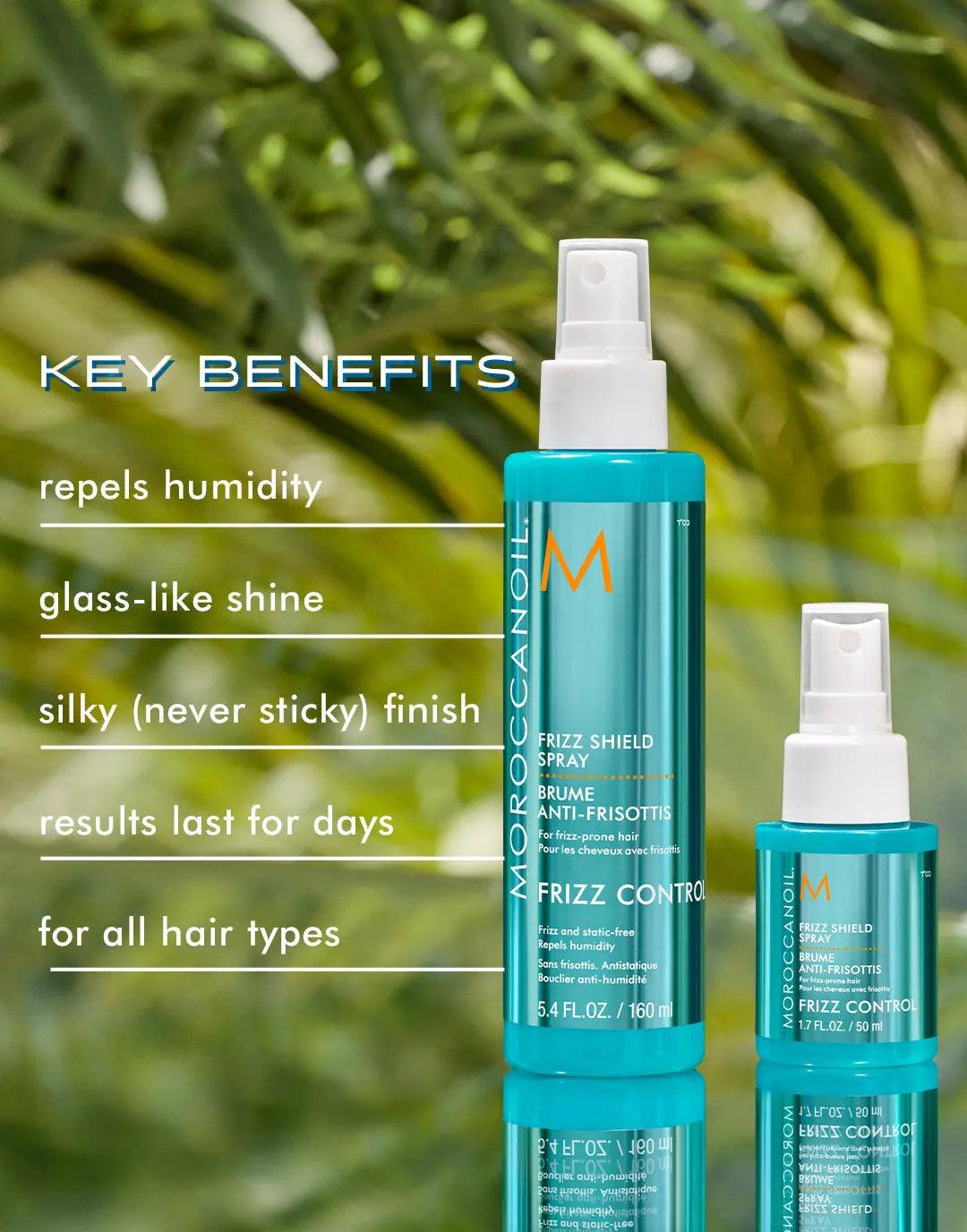 Frizz Shield Spray with key benefits including humidity protection, glass-like shine, and silky finish for all hair types.
