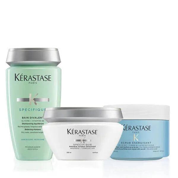 Kérastase Specifique hair care products - shampoo, mask, and scalp scrub for hair and scalp treatment.