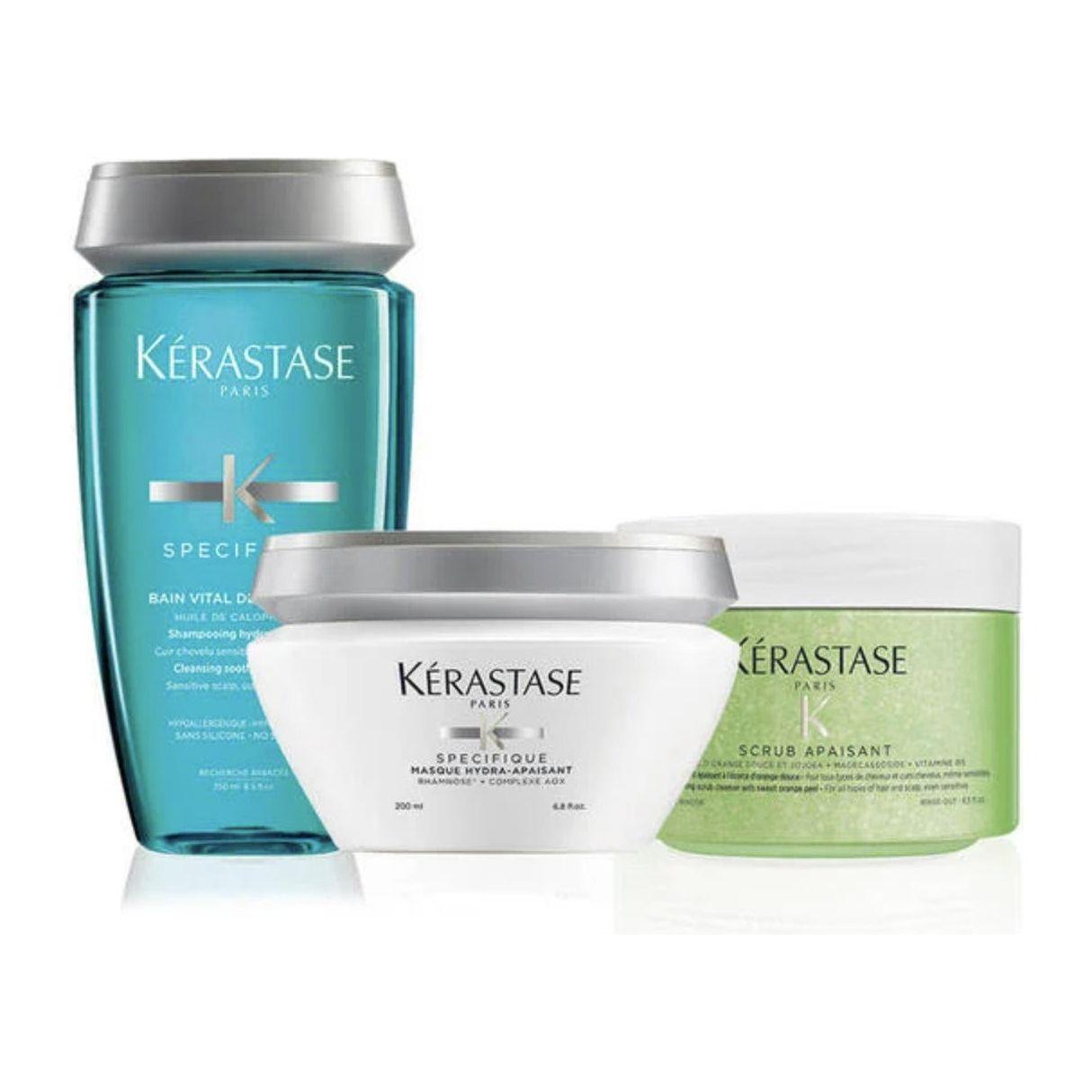 Kérastase Specifique hair care products including shampoo, mask, and scrub for scalp treatment and hair health improvement.