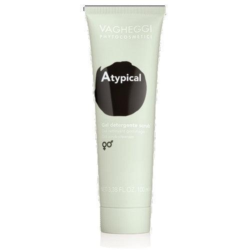 Atypical Gel Scrub Cleanser in a light green tube, designed for cleansing and gentle exfoliation with plant-based ingredients.