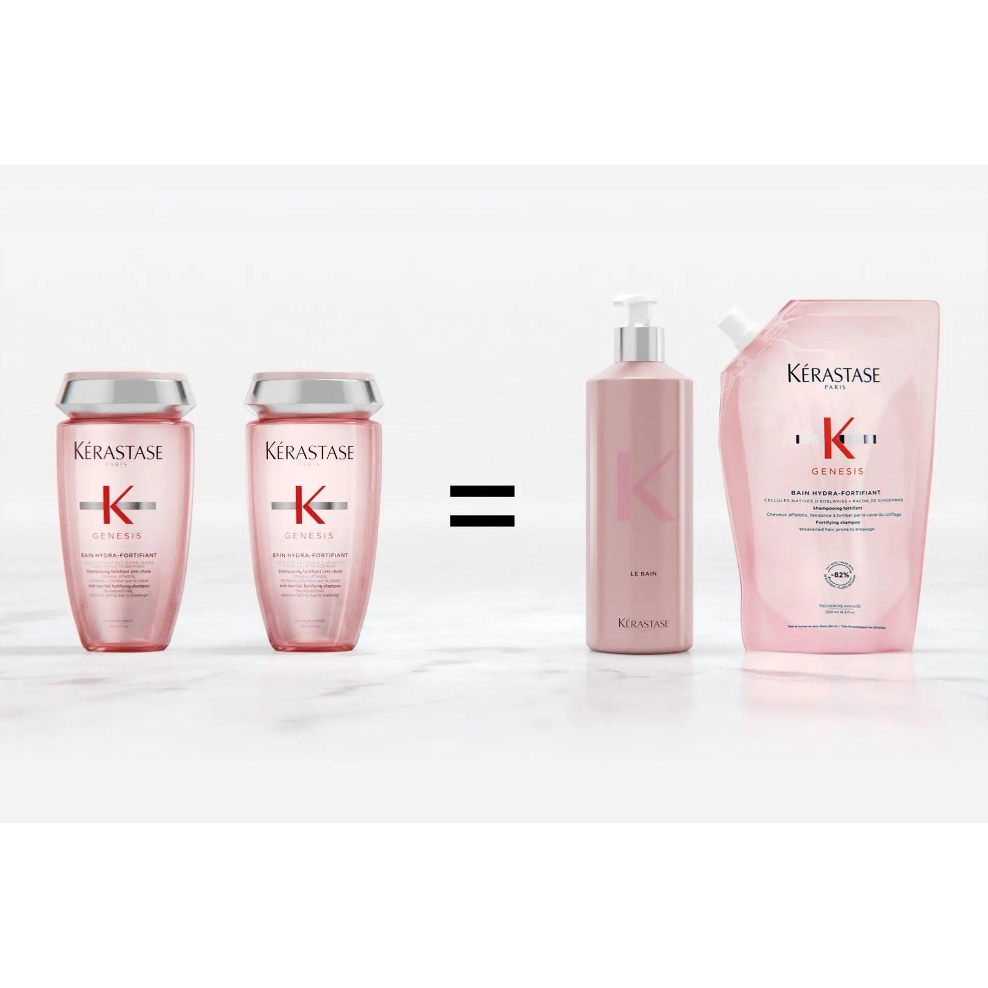 Kérastase Genesis shampoo and refill pouch showing sustainable hair care solution.