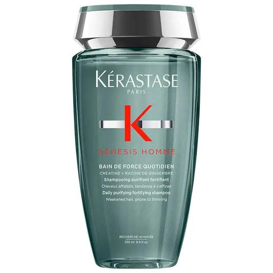 Kérastase Genesis Homme Bain de Force Quotidien Shampoo bottle for strengthening weakened men's hair and preventing breakage.
