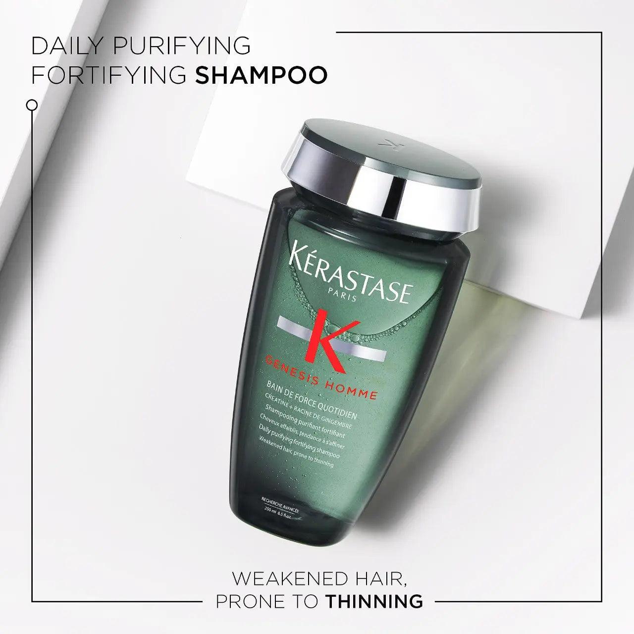 Kérastase Genesis Homme Bain de Force Quotidien Shampoo bottle for daily purifying and fortifying hair care.