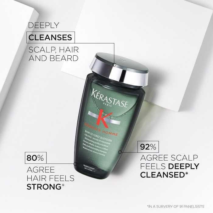 Kérastase Genesis Homme Bain de Force Quotidien Shampoo bottle highlighting deep cleansing and strengthening benefits.