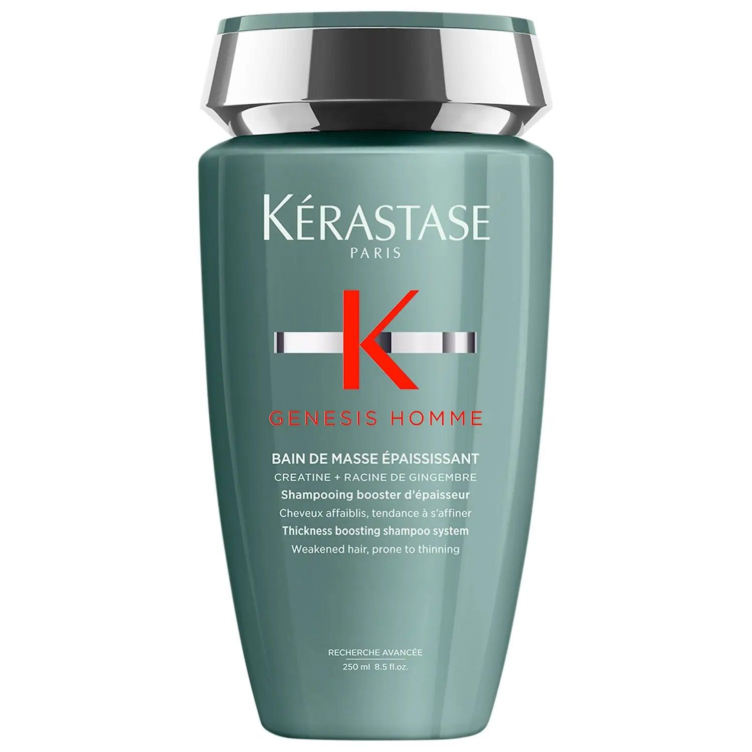 Kérastase Genesis Homme Bain De Masse Épaississant Shampoo for thicker, fuller hair in a sleek green bottle.