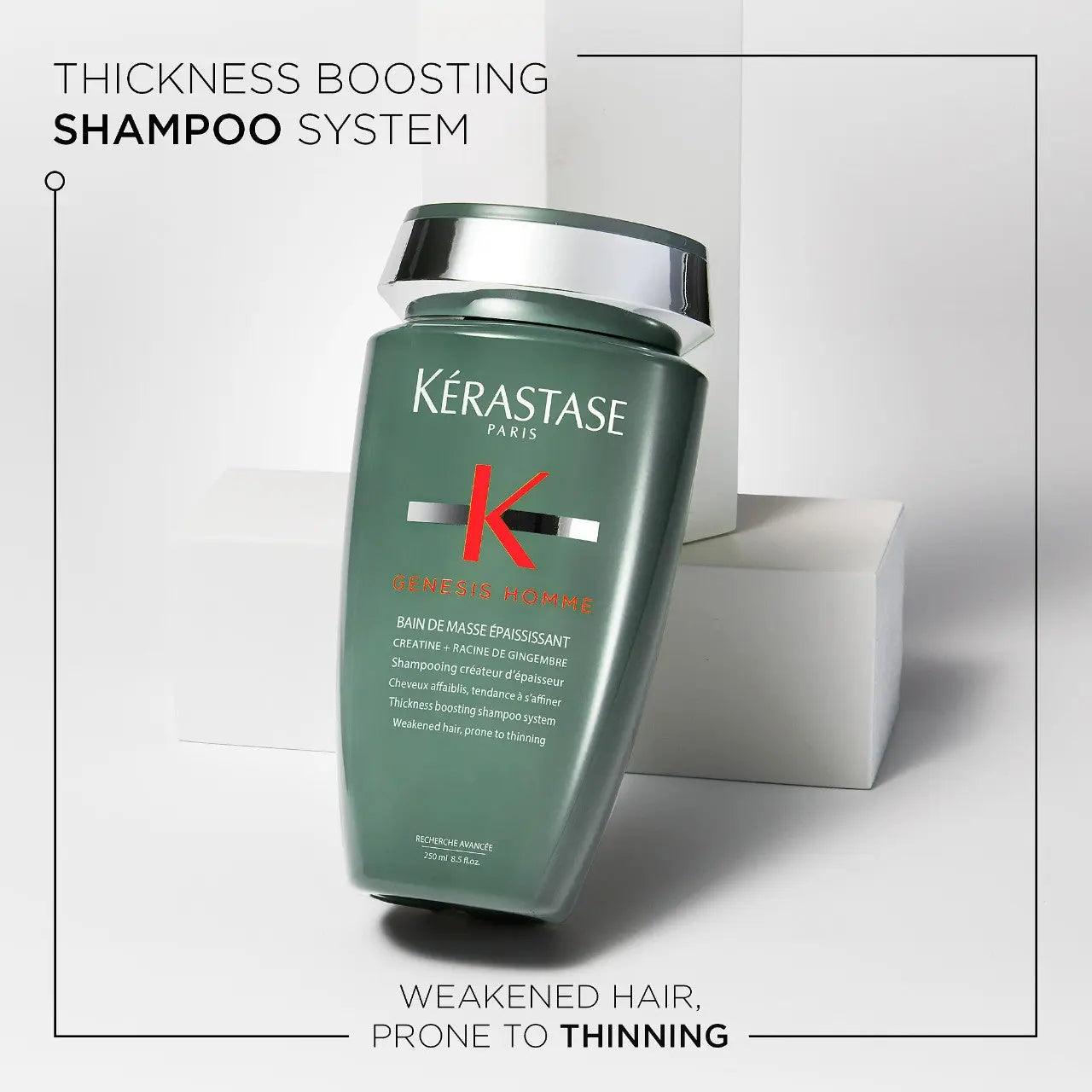 Kérastase Genesis Homme Bain De Masse Épaississant Shampoo bottle for thinning hair, promoting thicker and stronger hair.