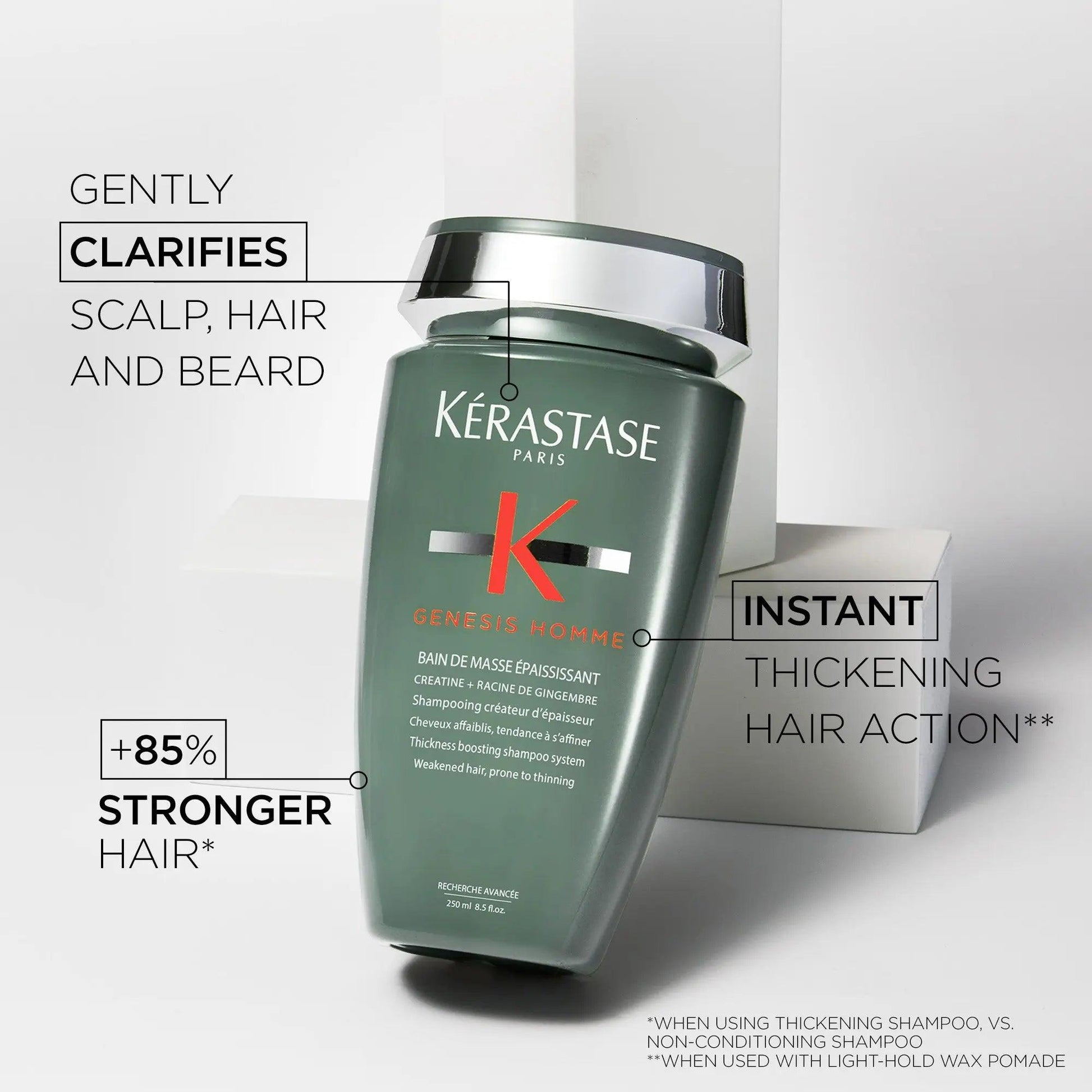 Kérastase Genesis Homme Bain De Masse Épaississant Shampoo for men, promoting thicker hair and cleansing scalp.