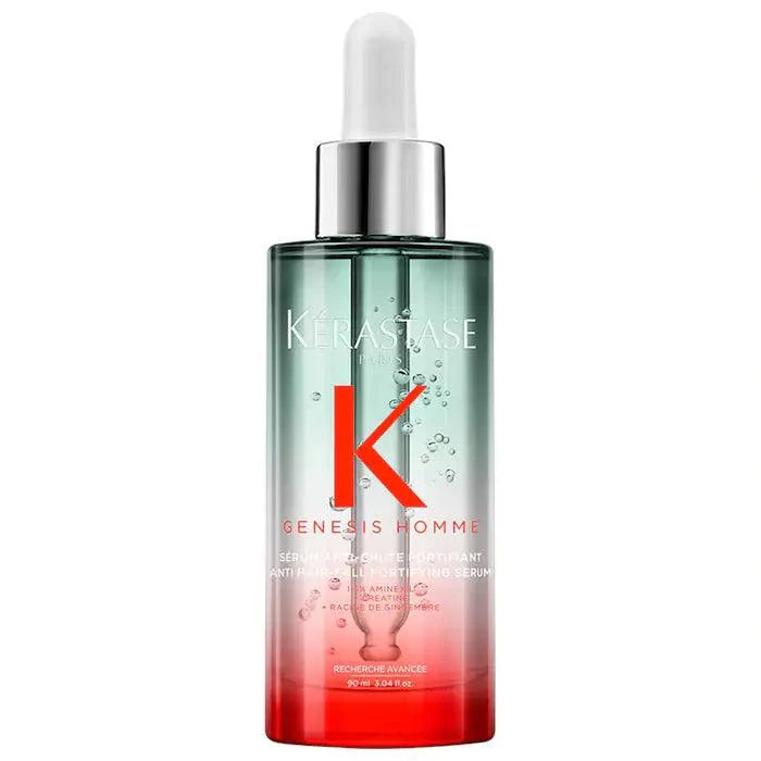 Kérastase Genesis Homme Sérum Anti-Chute Fortifiant hair serum in a glass bottle, designed to combat hair loss for men.