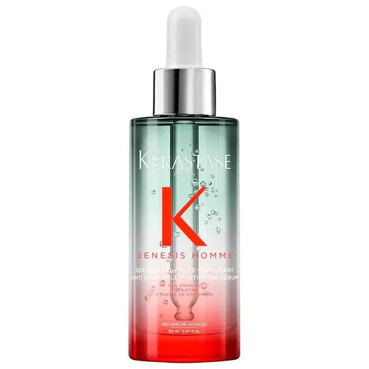 Kérastase Genesis Homme Sérum Anti-Chute Fortifiant hair serum in a glass bottle, designed to combat hair loss for men.