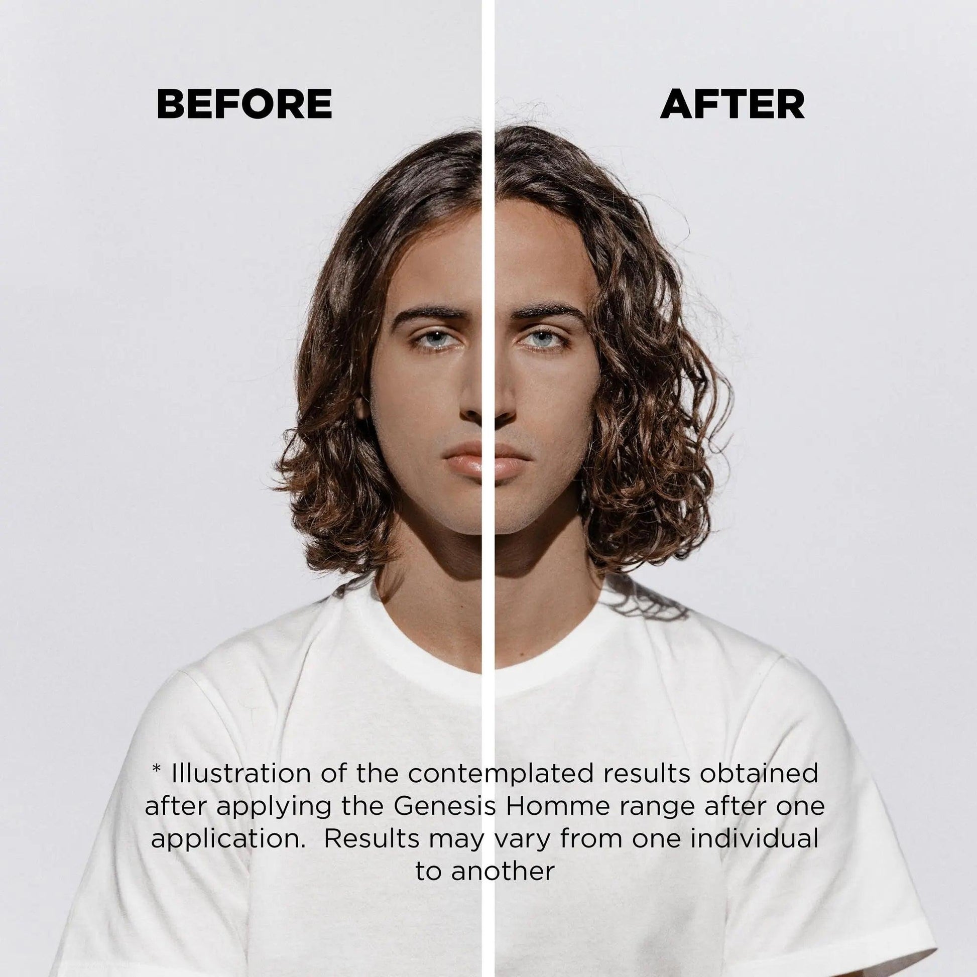 Before and after results of Kérastase Genesis Homme Sérum Anti-Chute Fortifiant on men's hair after one application.