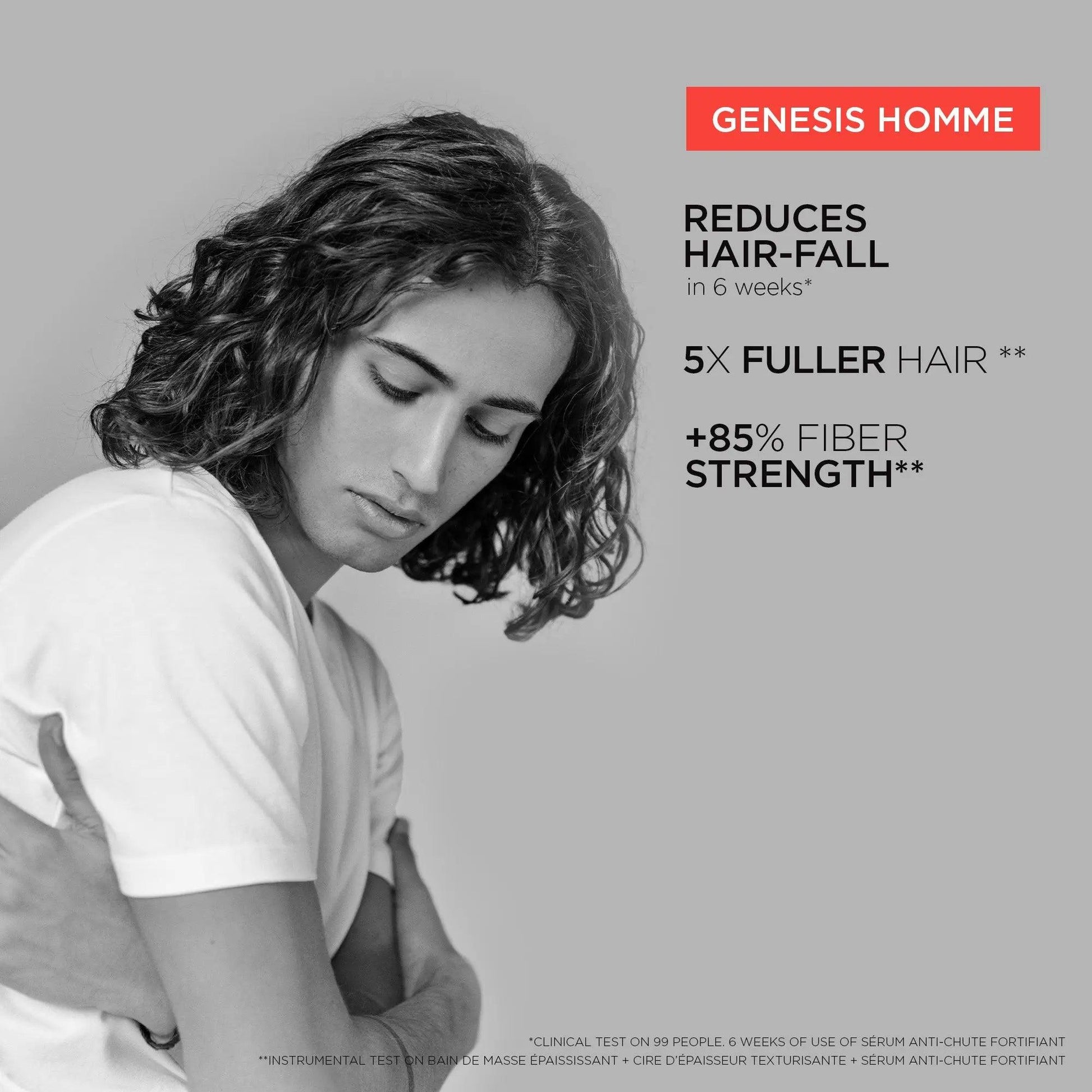 Kérastase Genesis Homme hair serum, promoting 5X fuller hair and 85% fiber strength, reducing hair fall in 6 weeks.