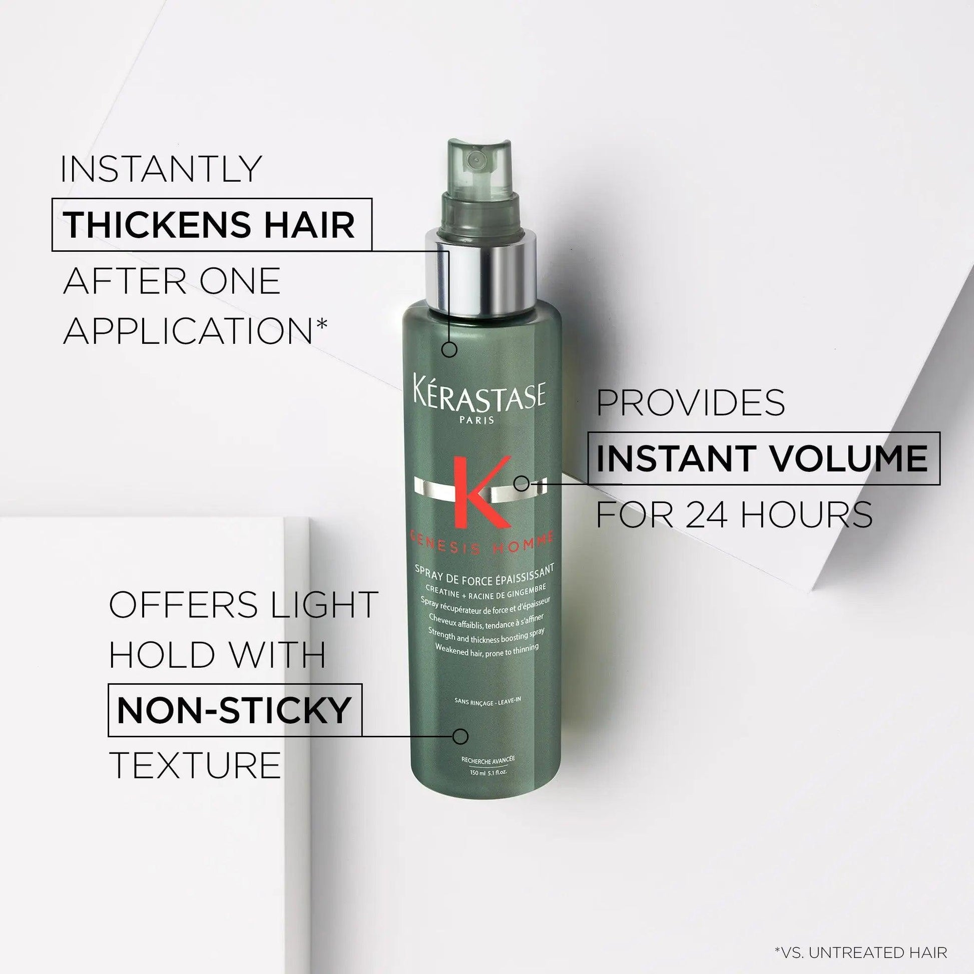 Kérastase Genesis Homme thickening spray that instantly adds volume and provides a non-sticky, lightweight hold for men's hair.
