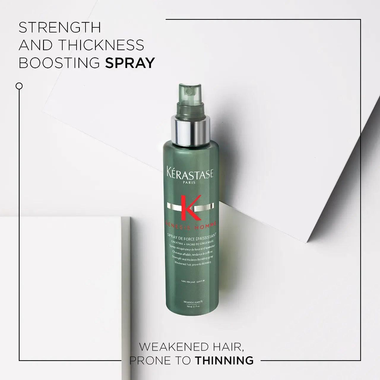 Kérastase Genesis Homme Spray de Force Épaississant for strengthening thinning men's hair with lightweight hold.