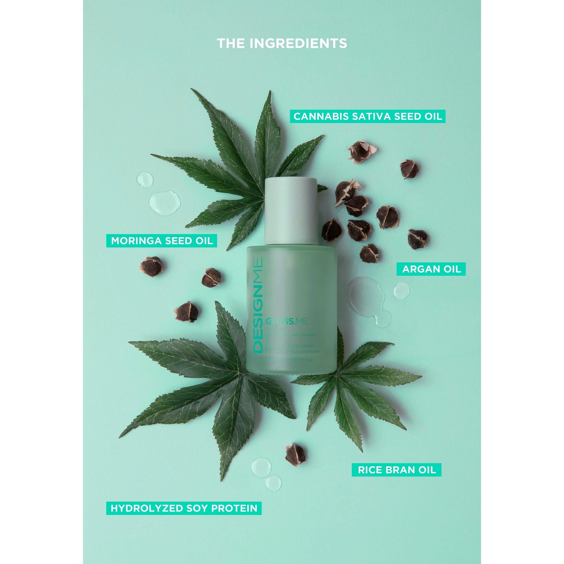 Hair care product bottle with natural ingredients like cannabis sativa seed oil, moringa seed oil, argan oil, rice bran oil, and hydrolyzed soy protein