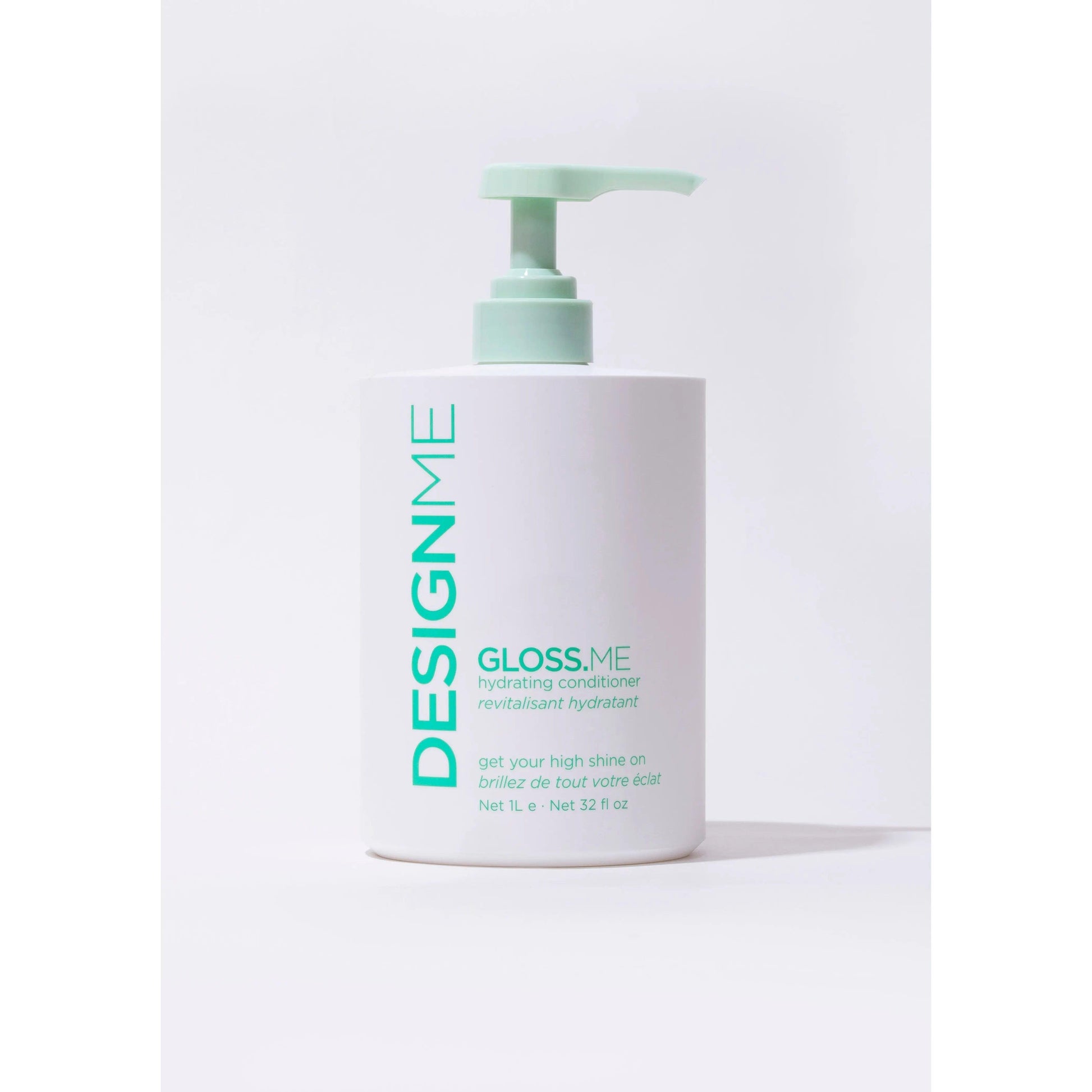 Design.Me Gloss.Me Hydrating Conditioner, 32 fl oz bottle on white background, green pump, moisture and shine for hair care.