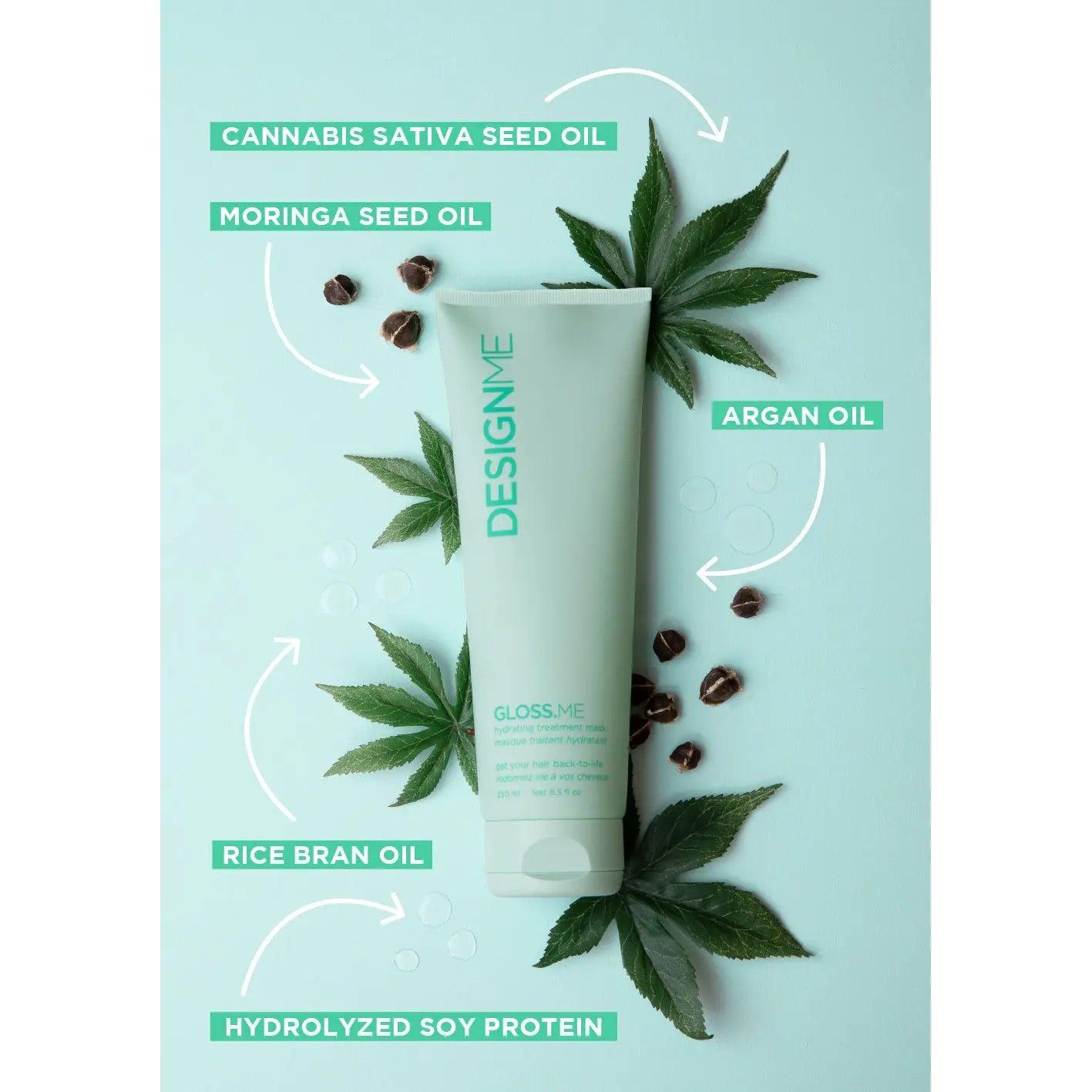 Design Me Gloss.Me hair product with natural ingredients including cannabis sativa seed oil, moringa seed oil, argan oil, rice bran oil, and soy protein.