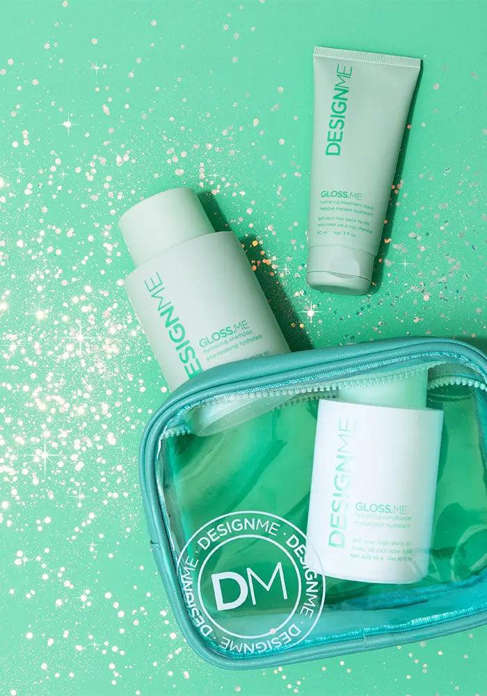 GLOSS.ME Hydration Glitz Kit featuring shampoo, conditioner, and treatment mask in a teal zip pouch, with glitter backdrop.