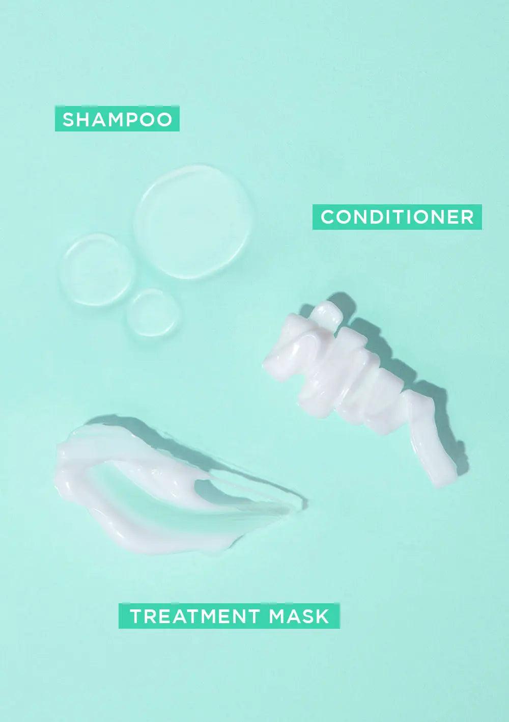 GLOSS.ME Hydration Glitz Kit featuring hydrating shampoo, conditioner, and treatment mask on a turquoise background.