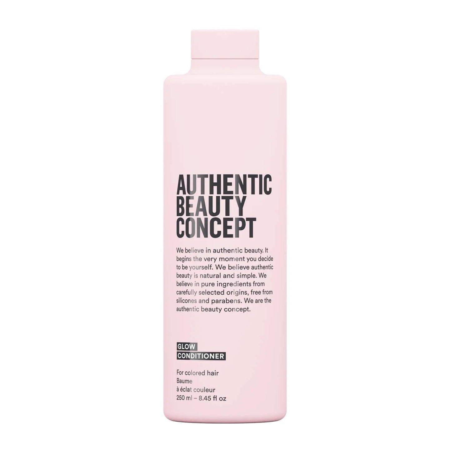 Authentic Beauty Concept Glow Conditioner bottle for colored hair, lightweight, cruelty-free, vegan, and free from harmful chemicals.