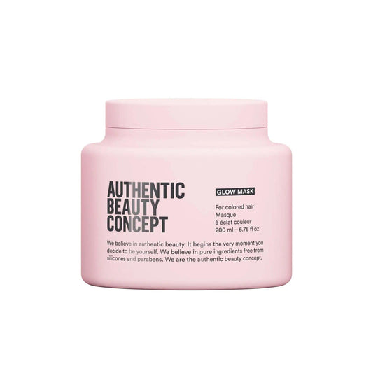 Authentic Beauty Concept Glow Mask for colored hair, nourishing formula in a pink jar free from silicones and parabens.