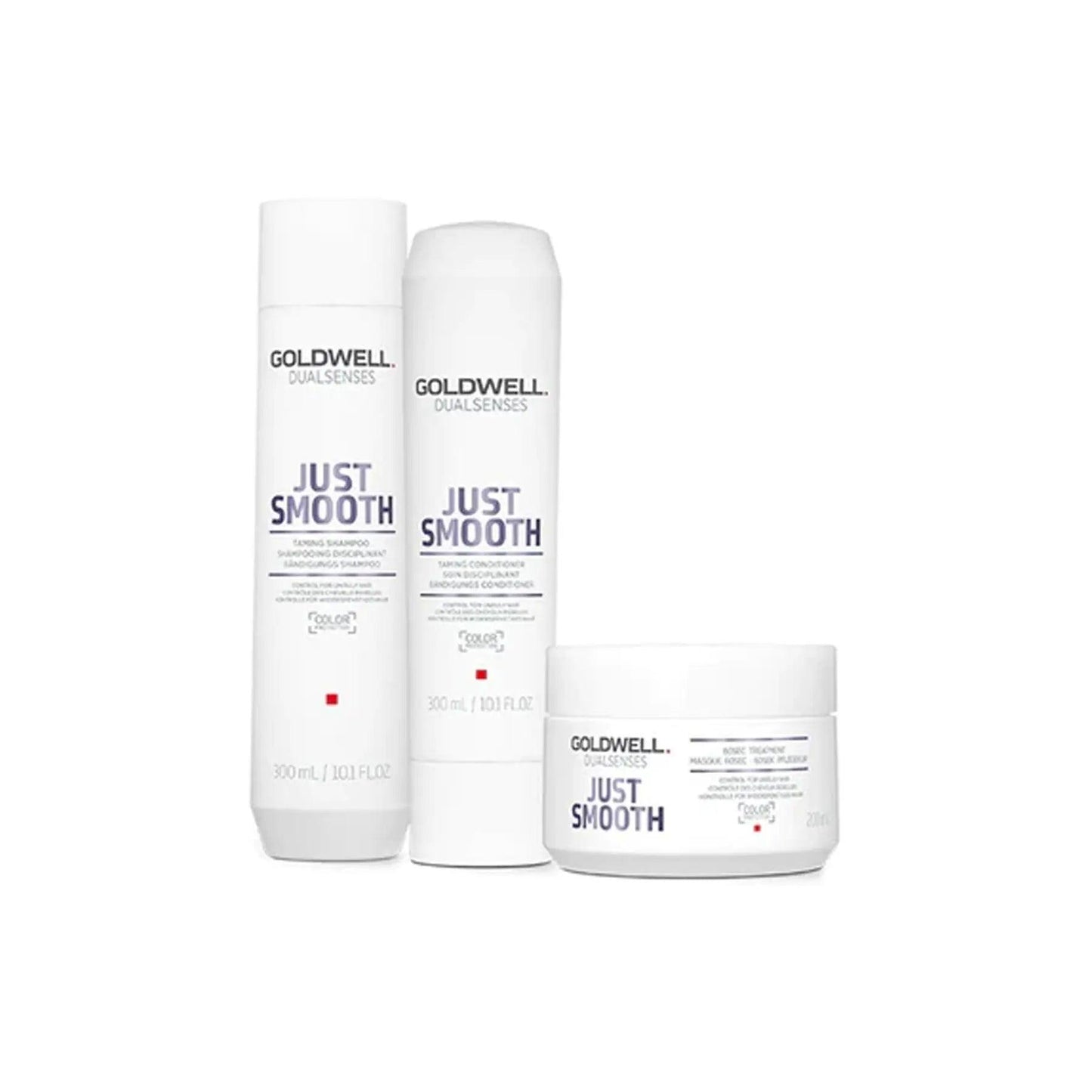 Goldwell Dualsenses Just Smooth Holiday Trio featuring shampoo, conditioner, and treatment for frizzy hair control.