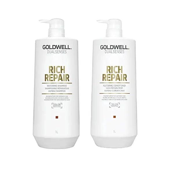 Goldwell Dualsenses Rich Repair Shampoo and Conditioner 1L duo for moisturizing and repairing dry hair.