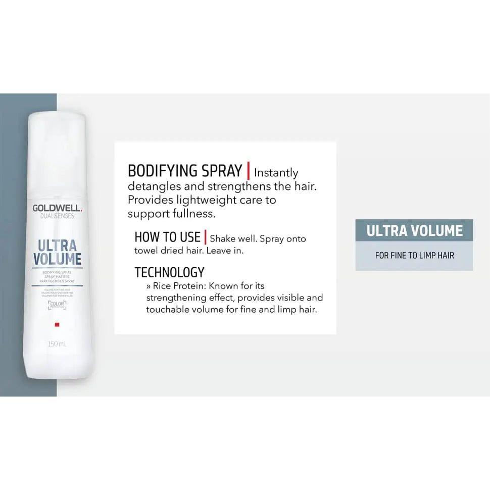 Goldwell Dualsenses Ultra Volume Bodifying Spray, lightweight formula for detangling and strengthening fine hair.
