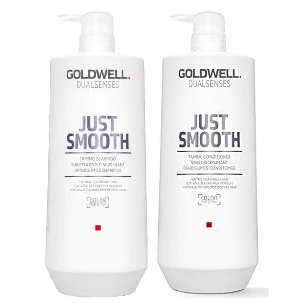 Goldwell Just Smooth Liter Duo shampoo and conditioner bottles for frizz control and color preservation.