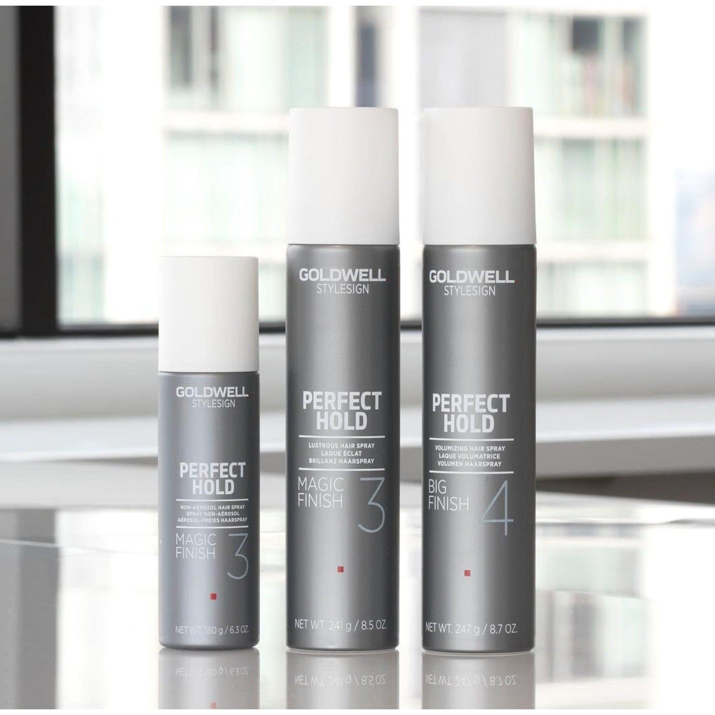 Goldwell Perfect Hold Magic Finish Hairspray trio, featuring light to medium hold without stiffness, ideal for natural movement.