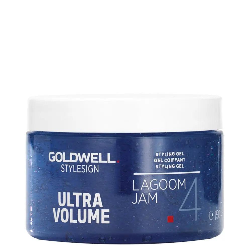 Goldwell Ultra Volume Lagoom Jam Styling Gel in a blue container for long-lasting hold and texture.