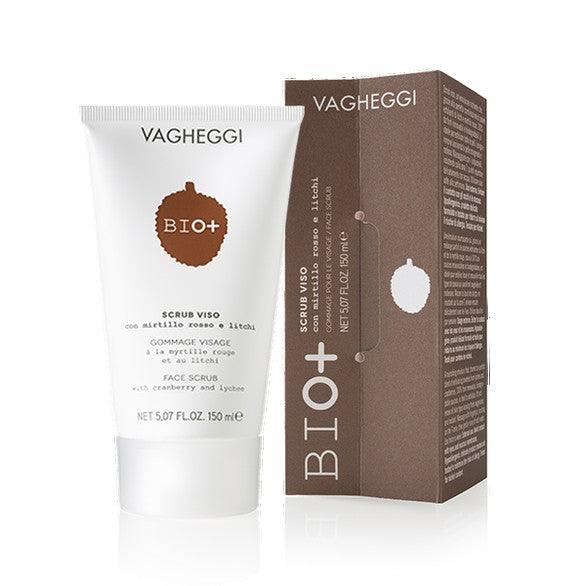 Bio+ Face Scrub by Vagheggi in a tube and box, featuring nourishing exfoliating powders for radiant skin.