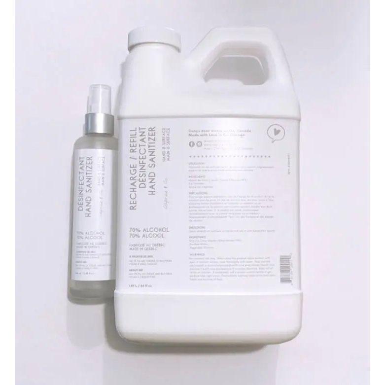 Natural hand sanitizer spray and refill bottle, 70% alcohol, emergency cleansing for hands and surfaces.