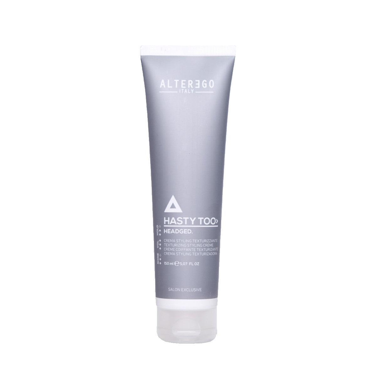 Alter Ego Hasty Too Headged styling product for fine hair, offering medium hold and texture restoration in a sleek tube.