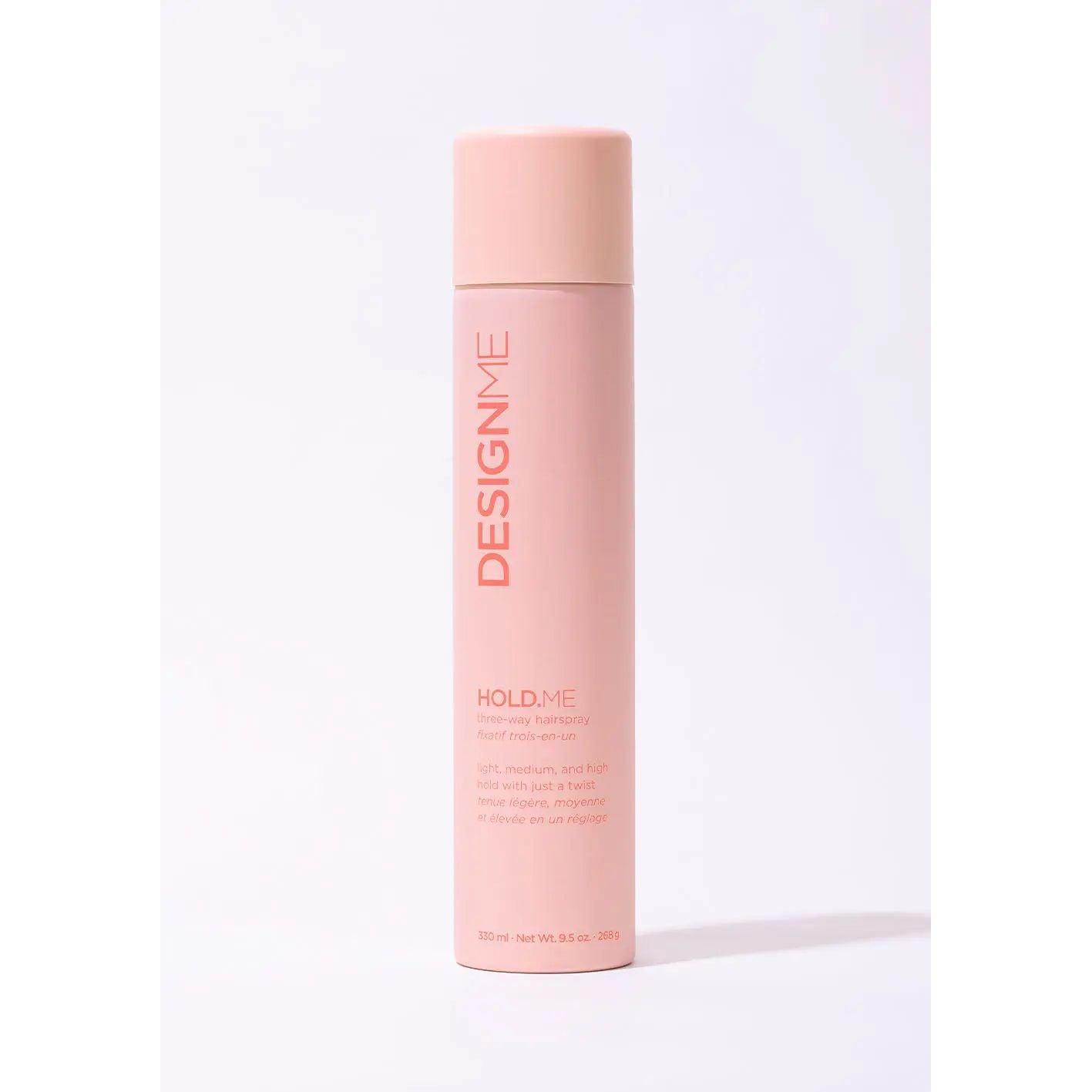 Design.Me Hold Me hairspray bottle for strong hold, volume, and shine.