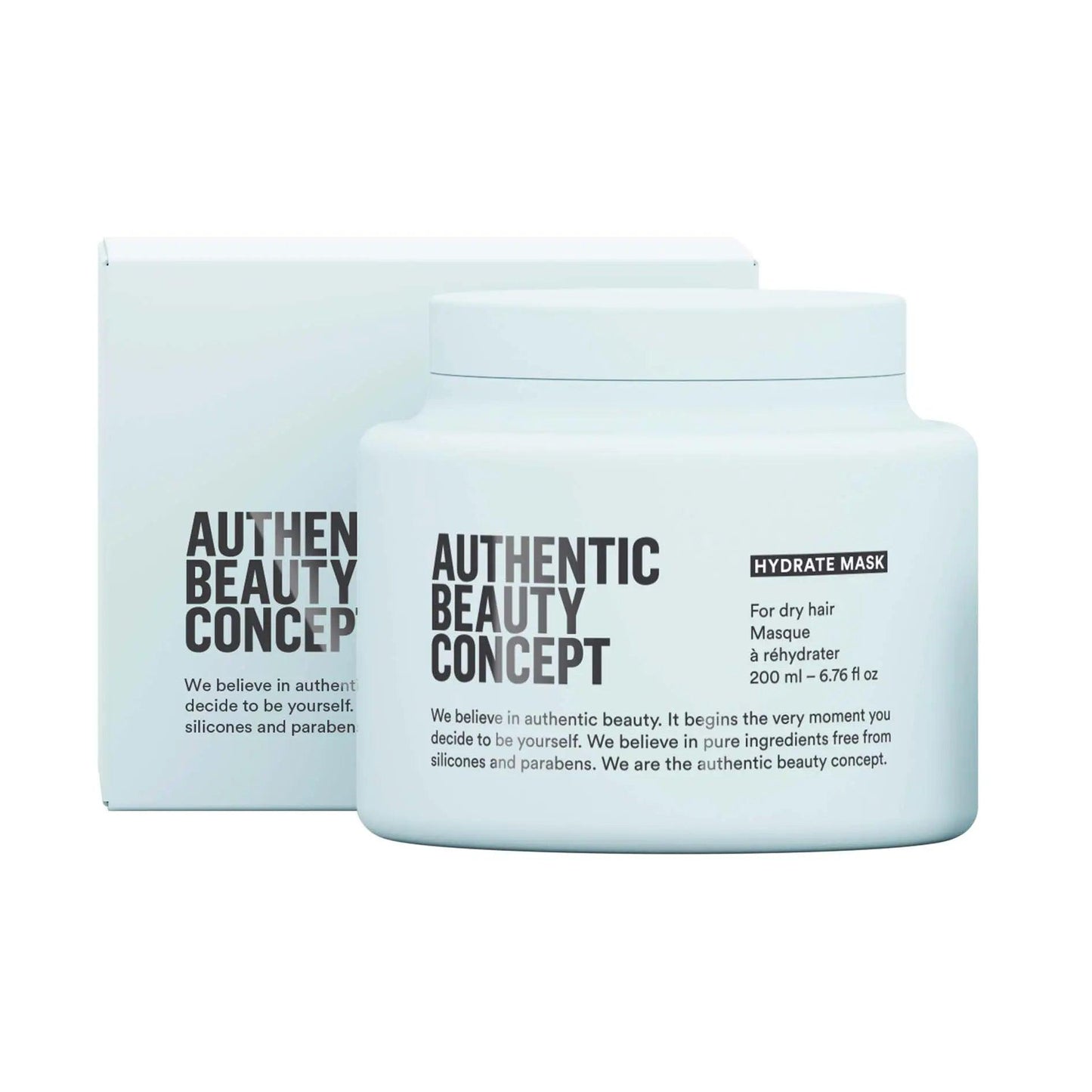 Authentic Beauty Concept Hydrate Mask for dry hair in a jar with packaging, cruelty-free and vegan-friendly moisturizer.