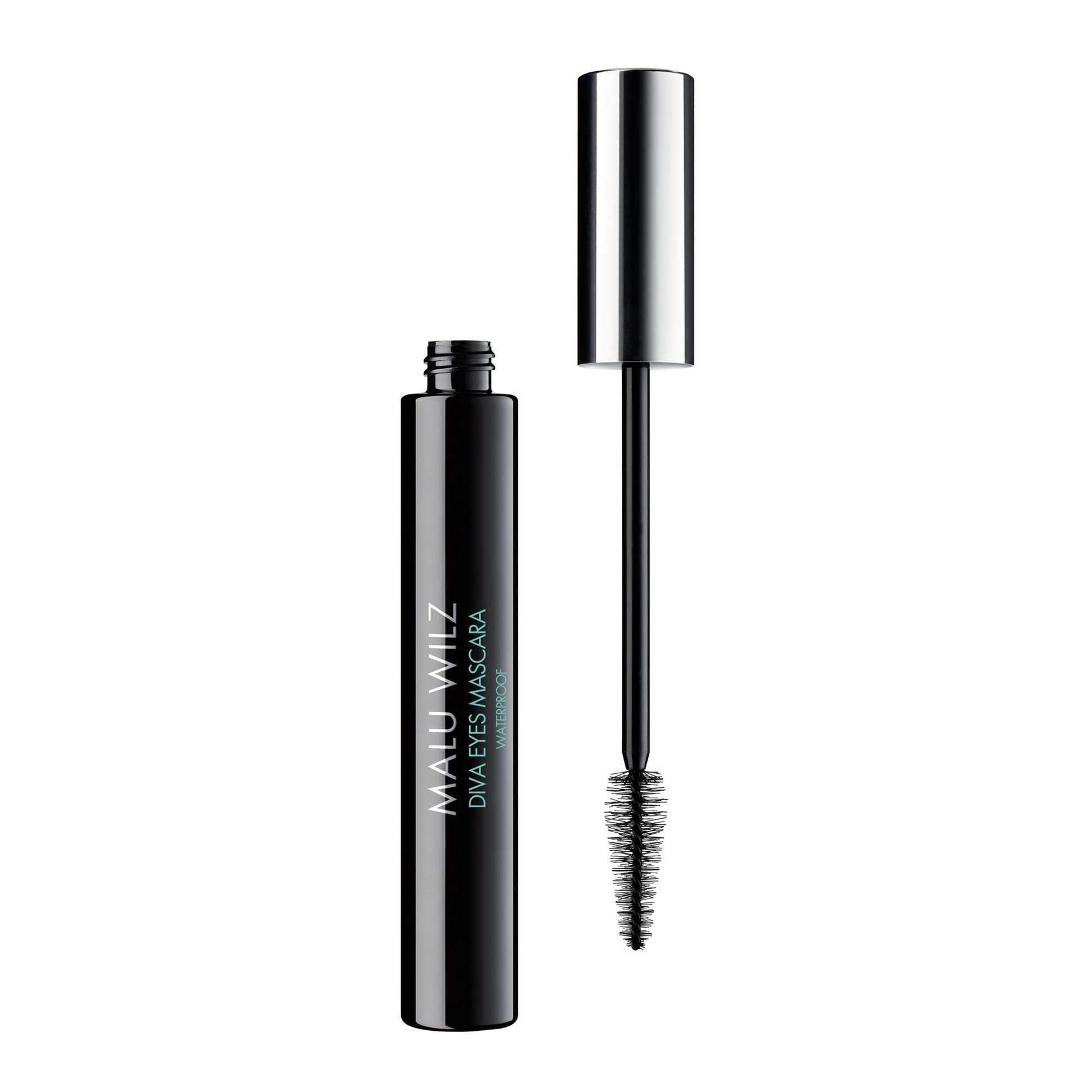Malu Wilz Diva Eyes Noir Waterproof Mascara tube and brush showcasing its sleek design for intense lash volume.