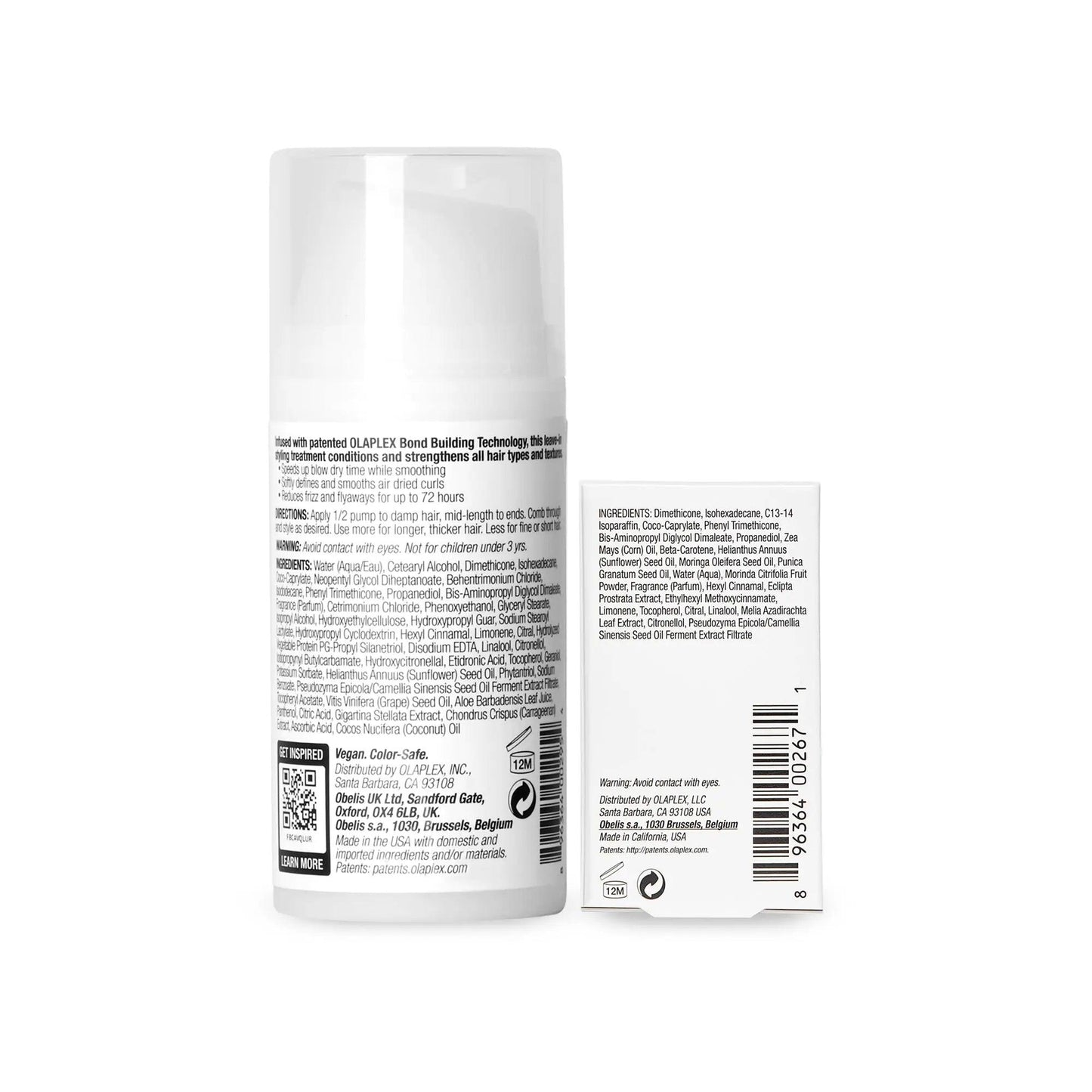 Back view of OLAPLEX No.6 Bond Smoother and No.7 Styling Oil packaging with ingredient information.