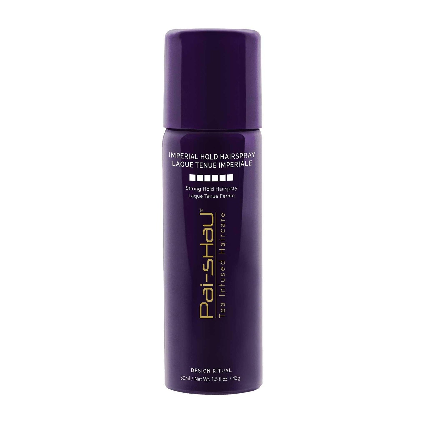 Imperial Hold Hairspray by Pai-Shau in a sleek purple bottle for strong hold and shine in structured hairstyles.