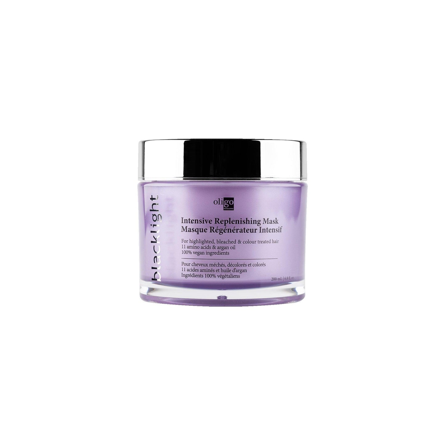 Blacklight Intensive Replenishing Mask in a jar, enriched with 11 amino acids and argan oil for moisturized, strong hair.