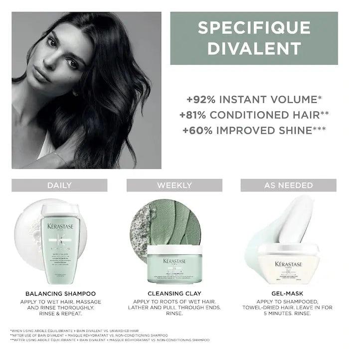 Kérastase Spécifique Divalent hair care routine with Balancing Shampoo, Cleansing Clay, and Gel-Mask benefits.