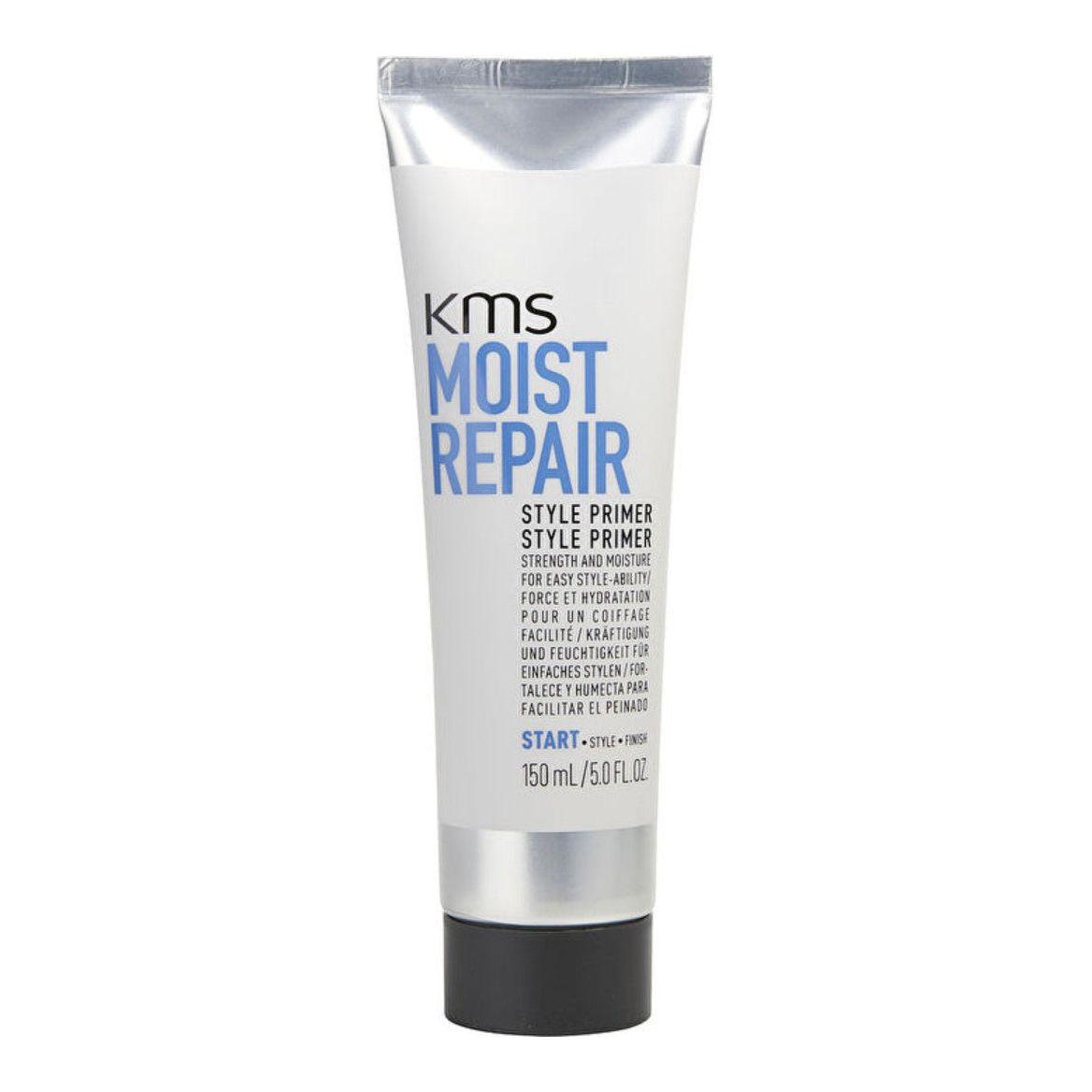 KMS Moist Repair Style Primer 150ml tube for strengthening and moisturizing dry, damaged hair before styling.