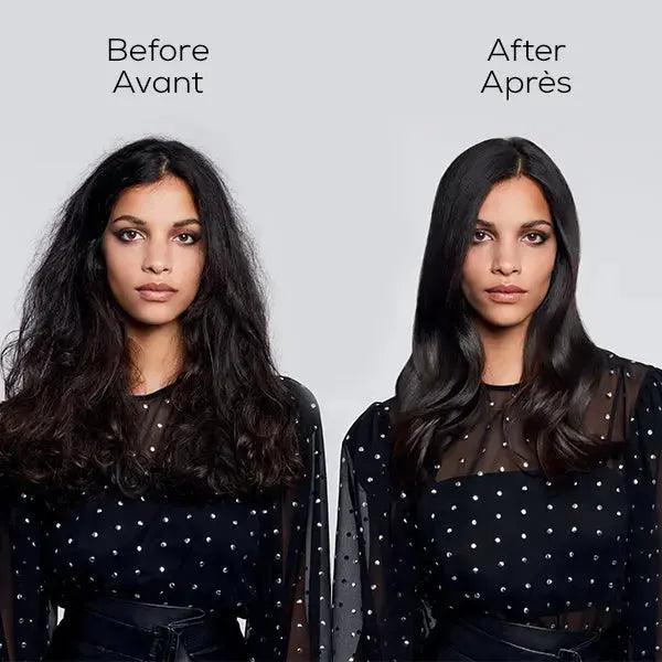 Before and after hair transformation using L’Oréal Professionnel Steampod 3.0, showing smoother, straighter hair.