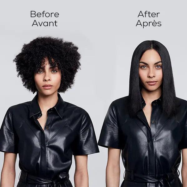 Before and after comparison of hair transformation using L’Oréal Professionnel Steampod 3.0, showcasing smoother results.