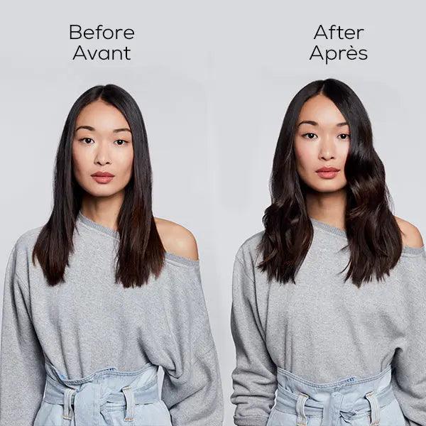 Before and after transformation using L’Oréal Professionnel Steampod 3.0 showing smoother, styled hair results.