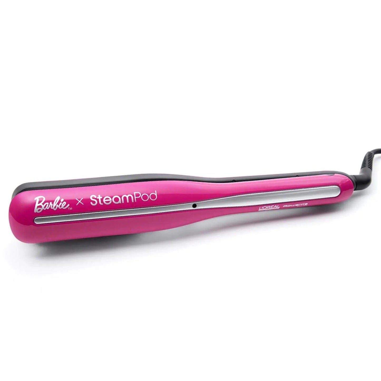 L’Oréal Professionnel Barbie x Steampod 3.0 styling tool in pink with sleek design and steam technology for smooth hair.