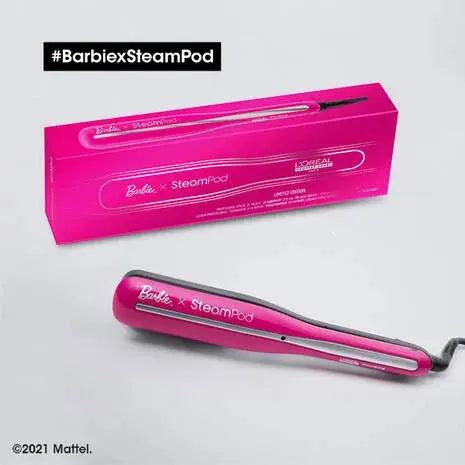 Barbie x Steampod by L’Oréal Professionnel, pink hair straightener in packaging, innovative steam technology for styling.