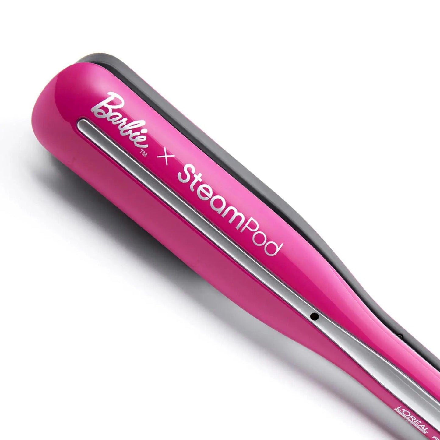 L’Oréal Professionnel Steampod 3.0 in pink with Barbie branding, featuring advanced steam technology for smooth hair.