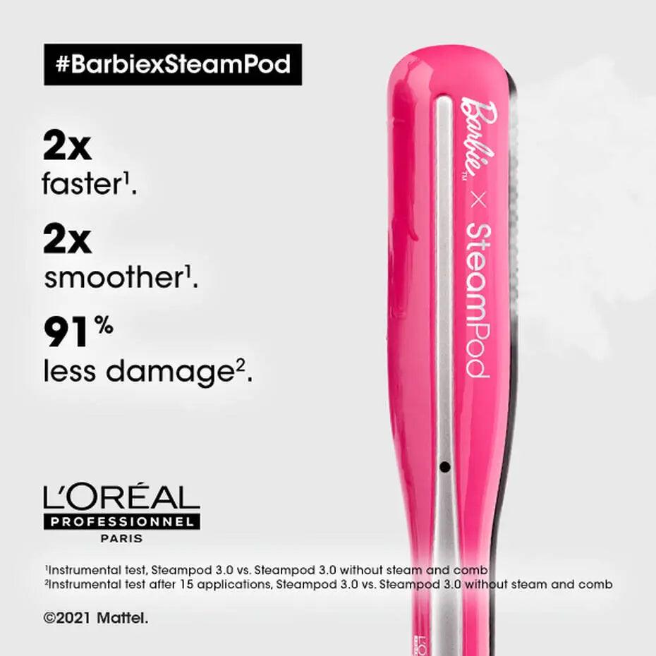 L'Oréal Professionnel Steampod 3.0 featuring Barbie, highlighting 2X faster, 2X smoother, and 91% less damage.